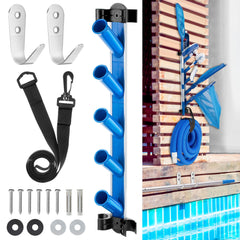 Dunkive front view mounted on fence showing neat organized pool tools