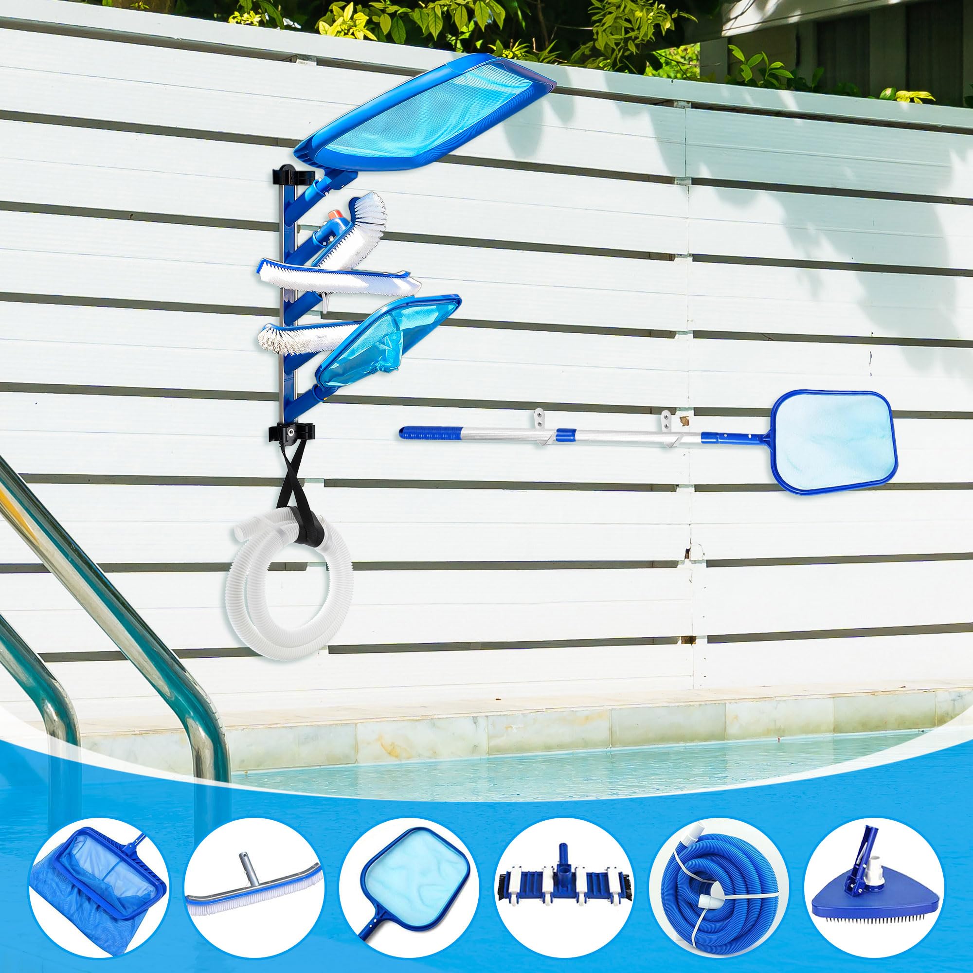 Dunkive lifestyle poolside setup illustrating tidy equipment storage