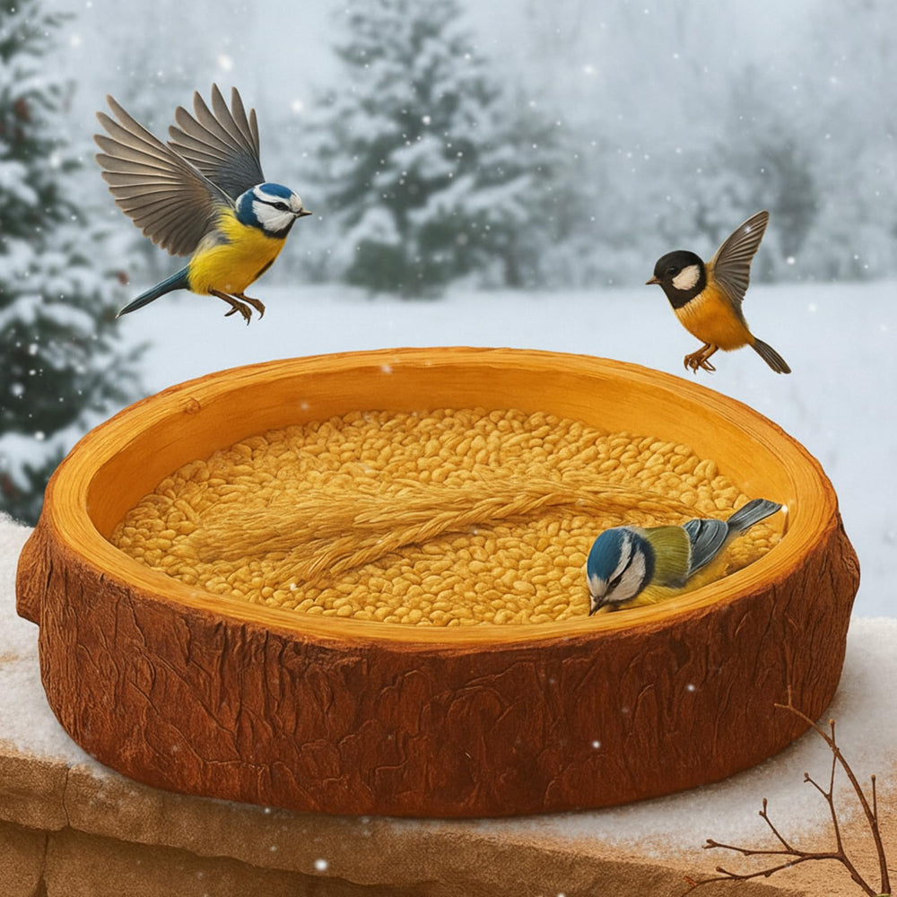 Dunkive front view trunk bird bath highlighting rustic appeal and attraction