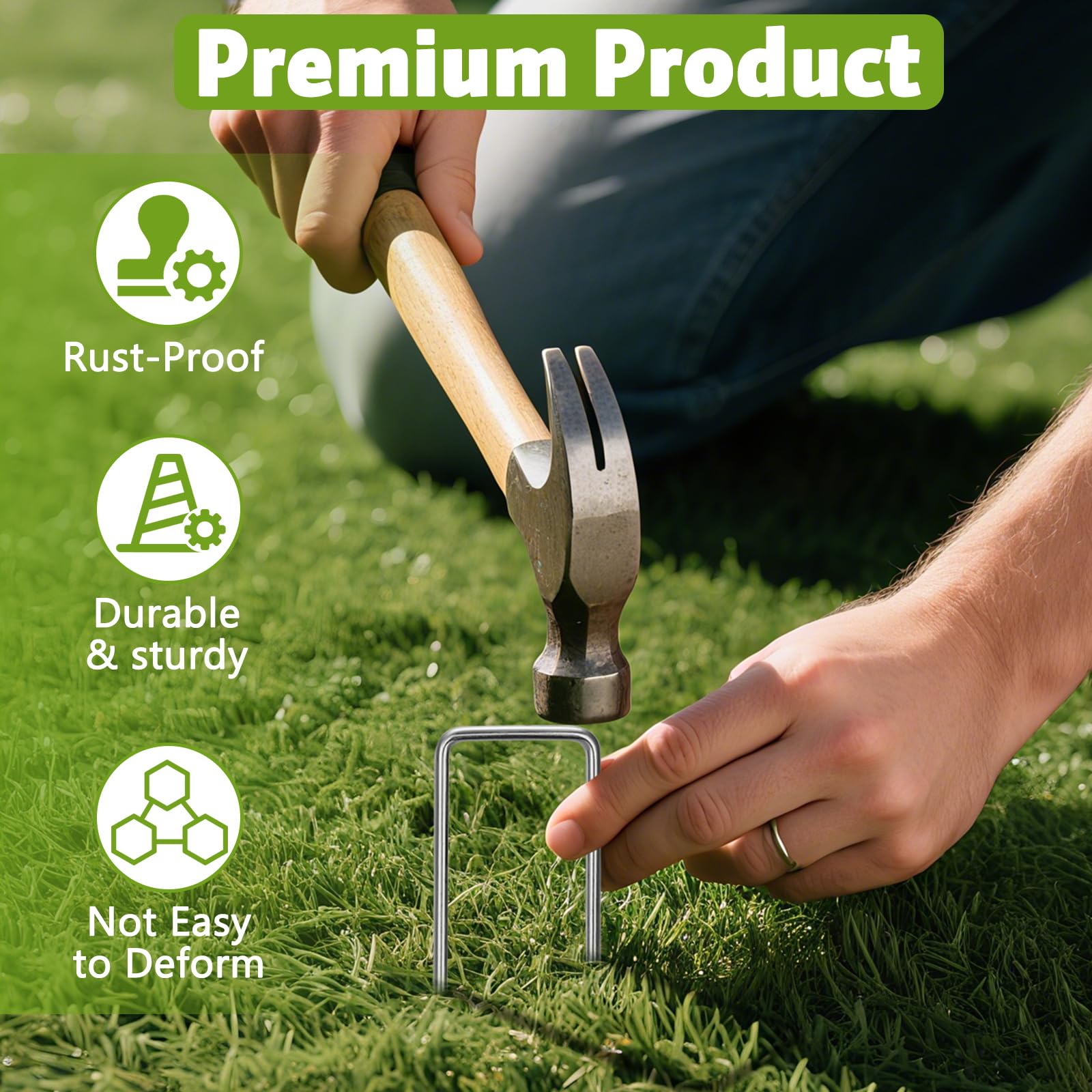 DUNPUTE staples installed in lawn securing landscape fabric for stable anchoring benefit