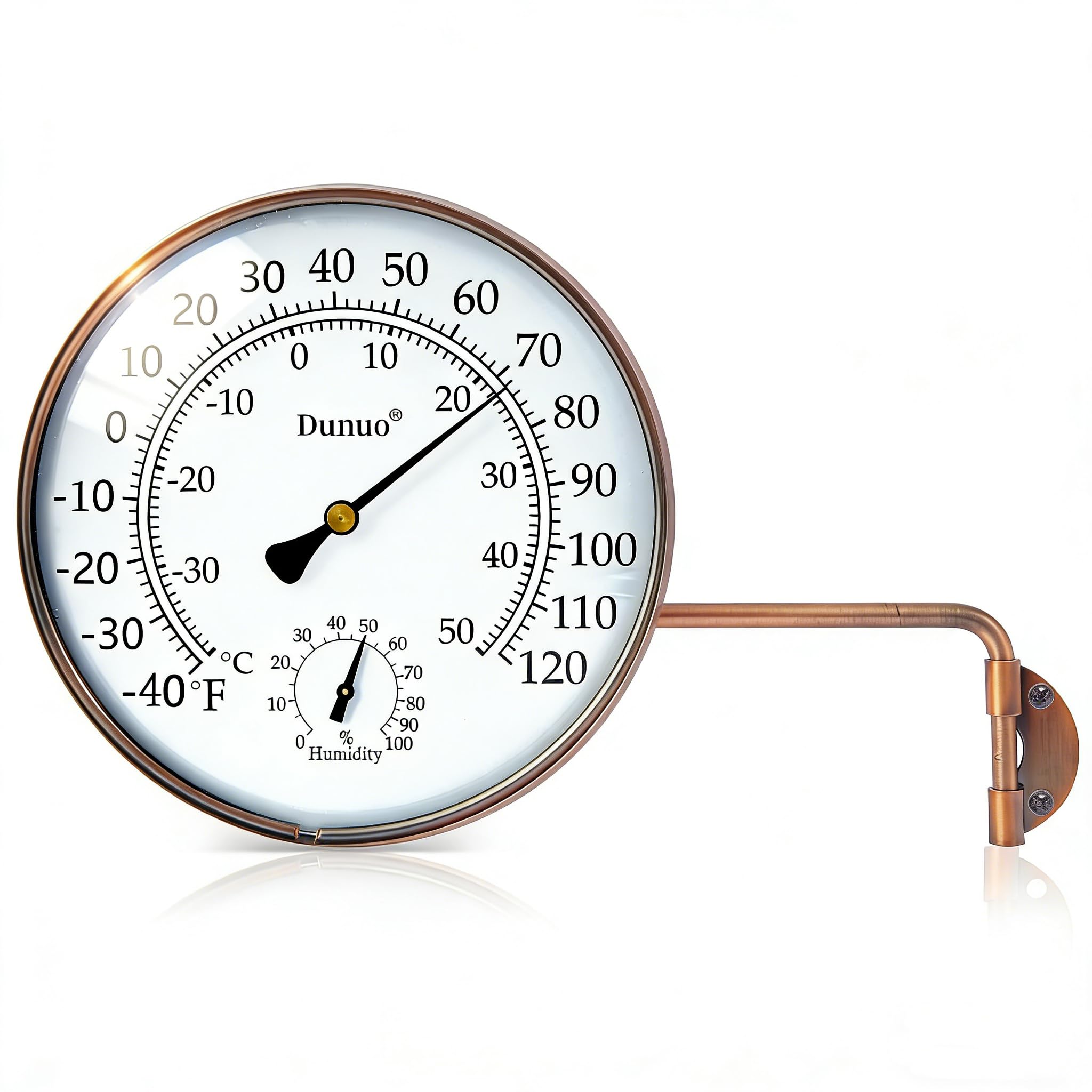 DUNUO front view of brass thermometer showing clear dial and vintage look for easy readings