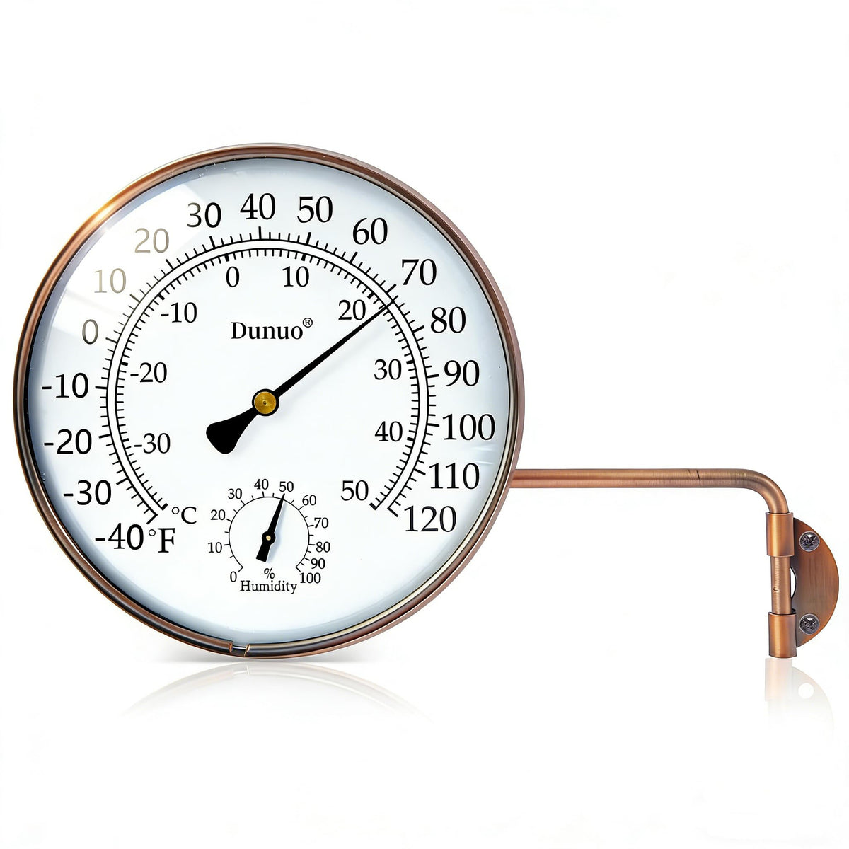 DUNUO front view of brass thermometer showing clear dial and vintage look for easy readings