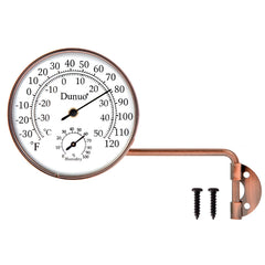 DUNUO front view brass dial showing clear temperature and humidity reading benefit