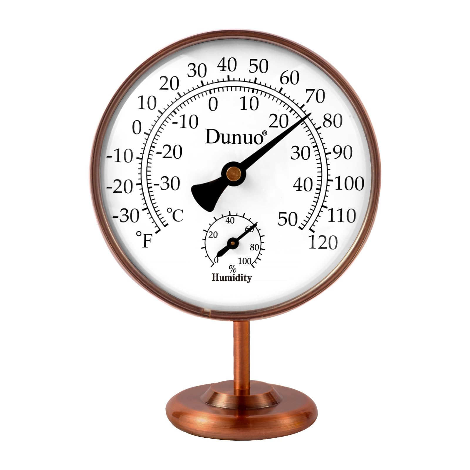 DUNUO front view brass thermometer showing readable dual-scale dial and humidity