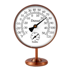 DUNUO front view brass thermometer showing readable dual-scale dial and humidity