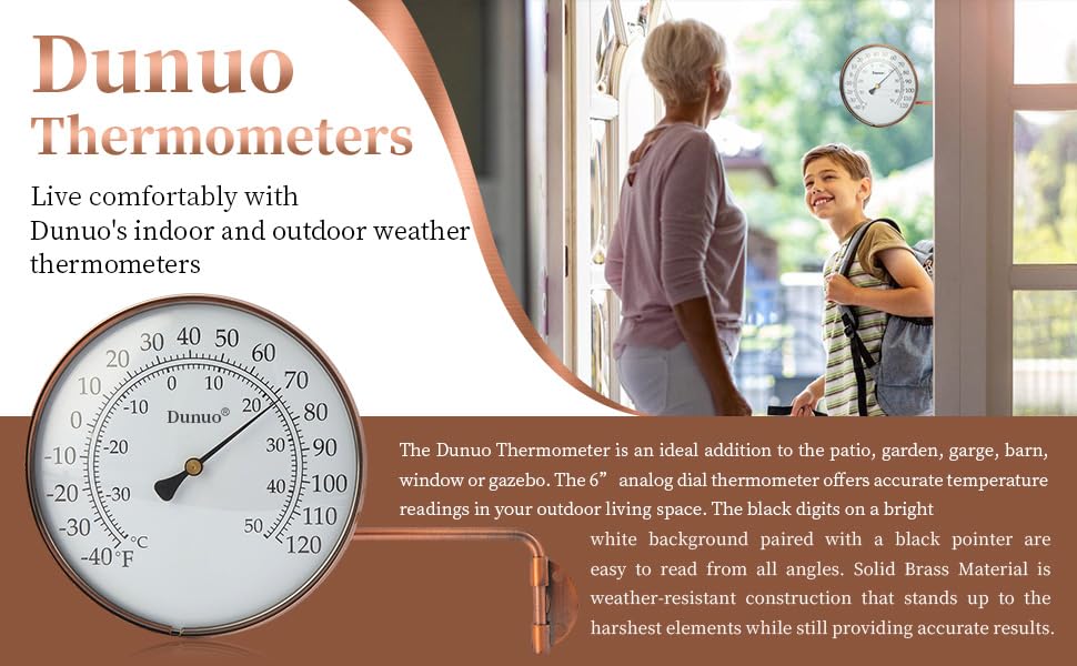 DUNUO thermometer styled on indoor shelf showing decorative and functional benefit