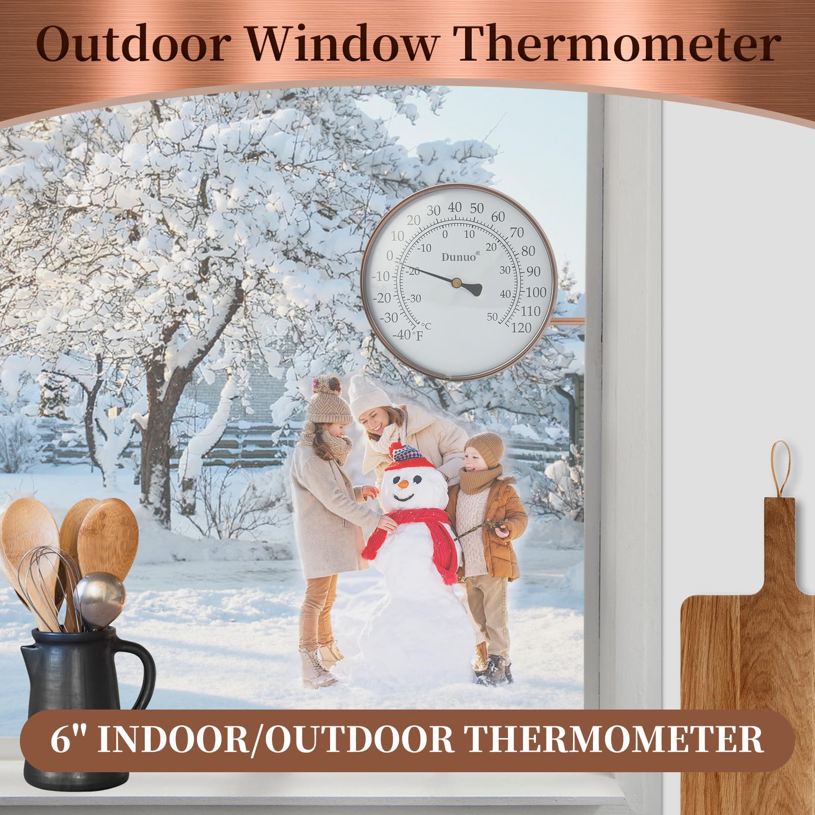 DUNUO window-mounted thermometer demonstrating quick, no-tool installation benefit