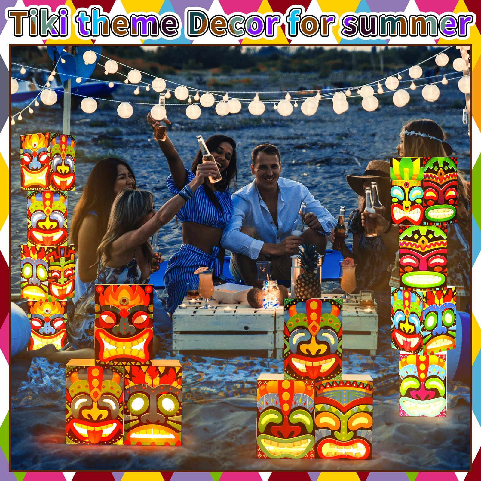 Dunzoom patio luau scene with banner and boxes, transforms outdoor party atmosphere benefit