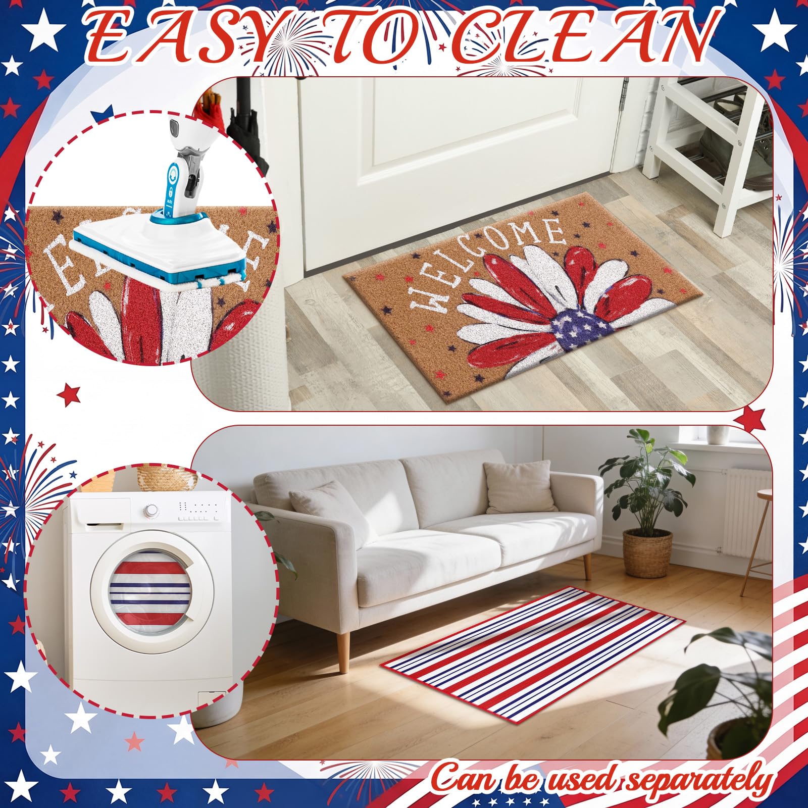 Dunzy flag-inspired mat close-up showing bold red white blue, classic welcome