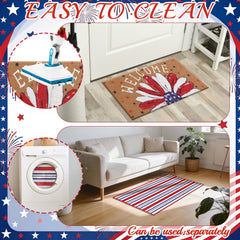 Dunzy flag-inspired mat close-up showing bold red white blue, classic welcome