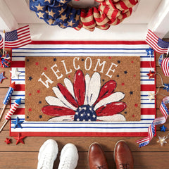 Dunzy front porch display with two patriotic mats, festive curb appeal
