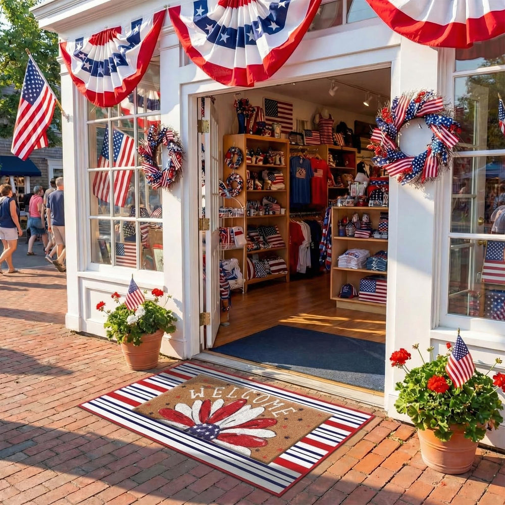 Dunzy mats styled on patio with summer decor, creates inviting festive entry