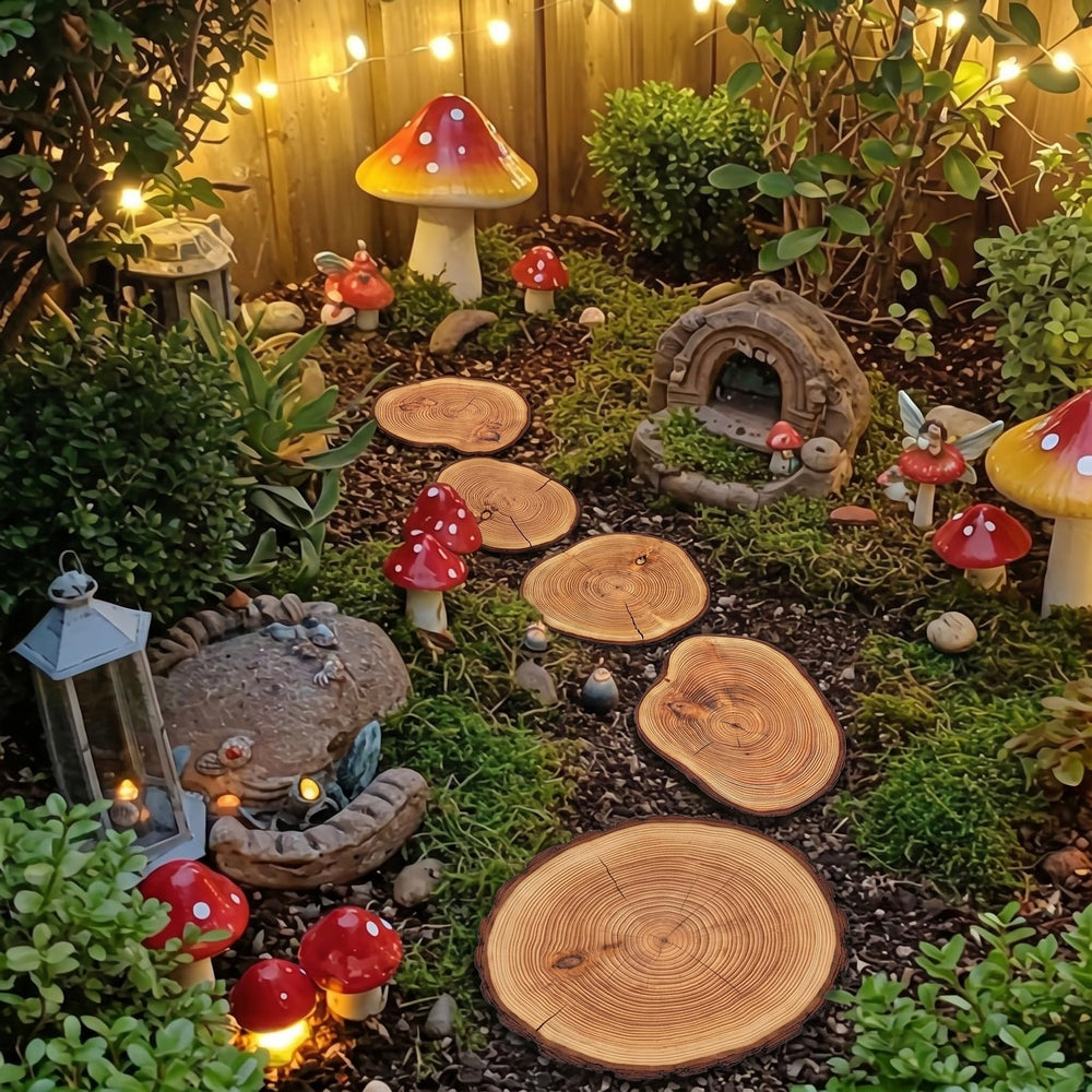 Dunzy front view of six stumps showing rustic detail and easy garden placement
