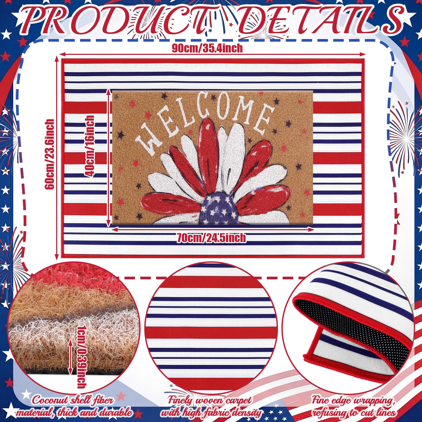 Dunzy floral "Welcome" mat detail, patriotic design adds celebratory charm