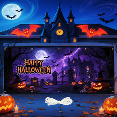 Duoduobuy front view of full banner showing castle and pumpkins, creates instant curb appeal