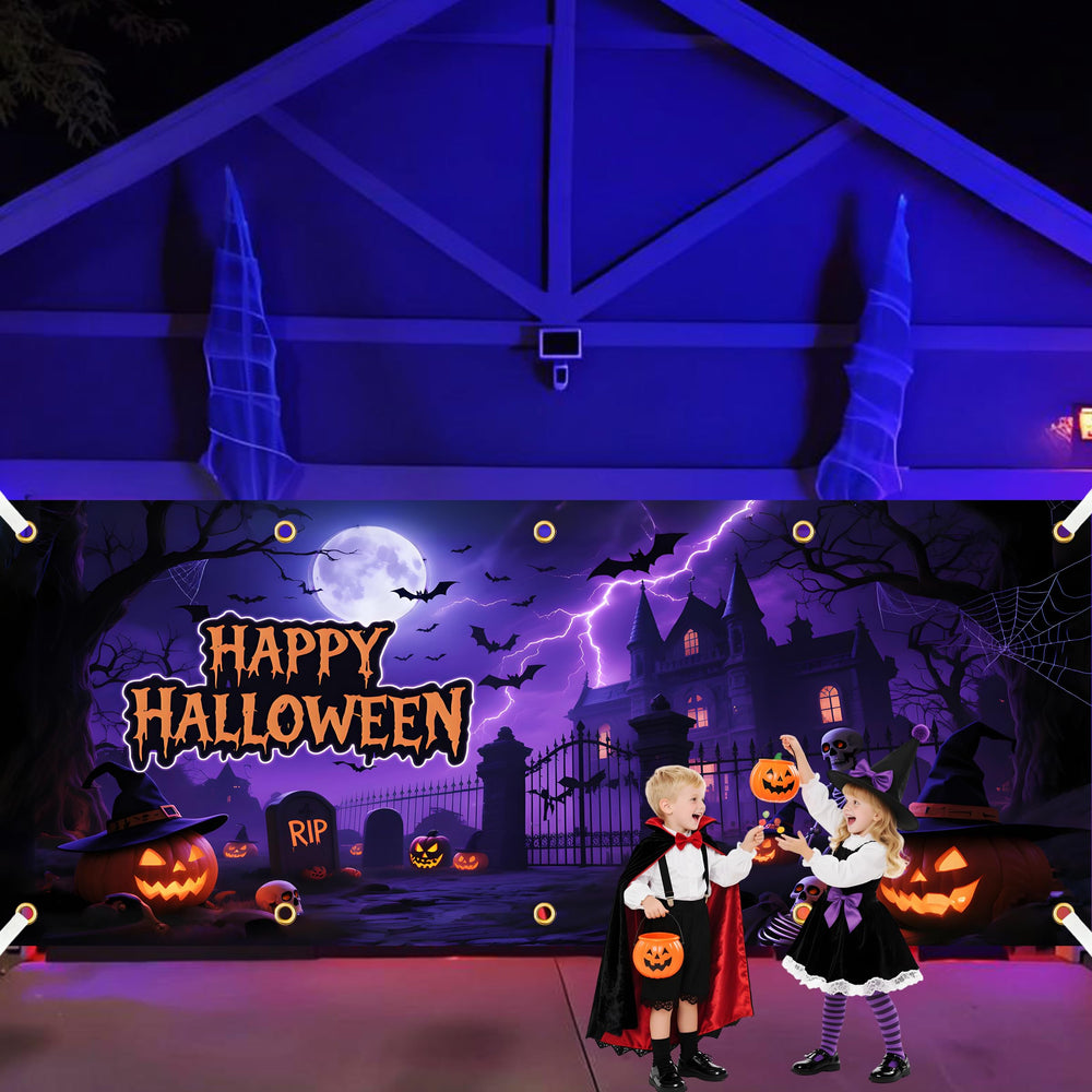 Duoduobuy installed on garage at dusk, provides dramatic visible Halloween display