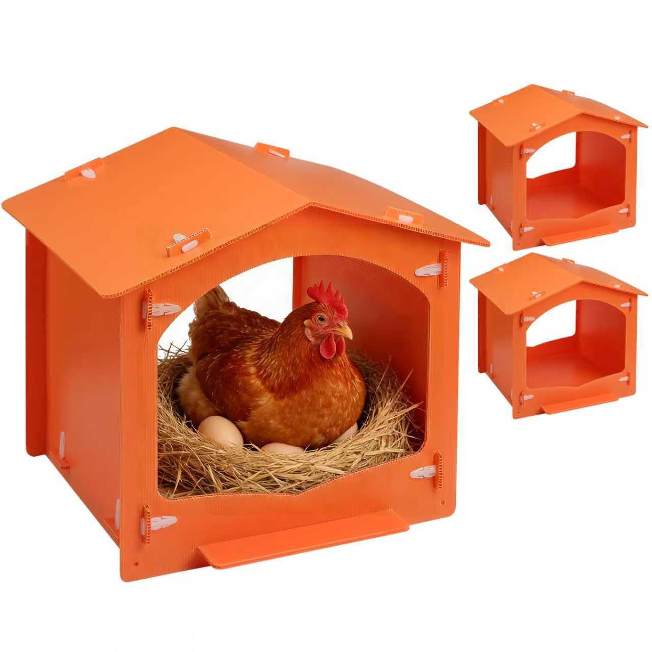 DUPPCOS front view of three orange nest boxes showing organized laying spaces