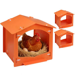 DUPPCOS front view of three orange nest boxes showing organized laying spaces