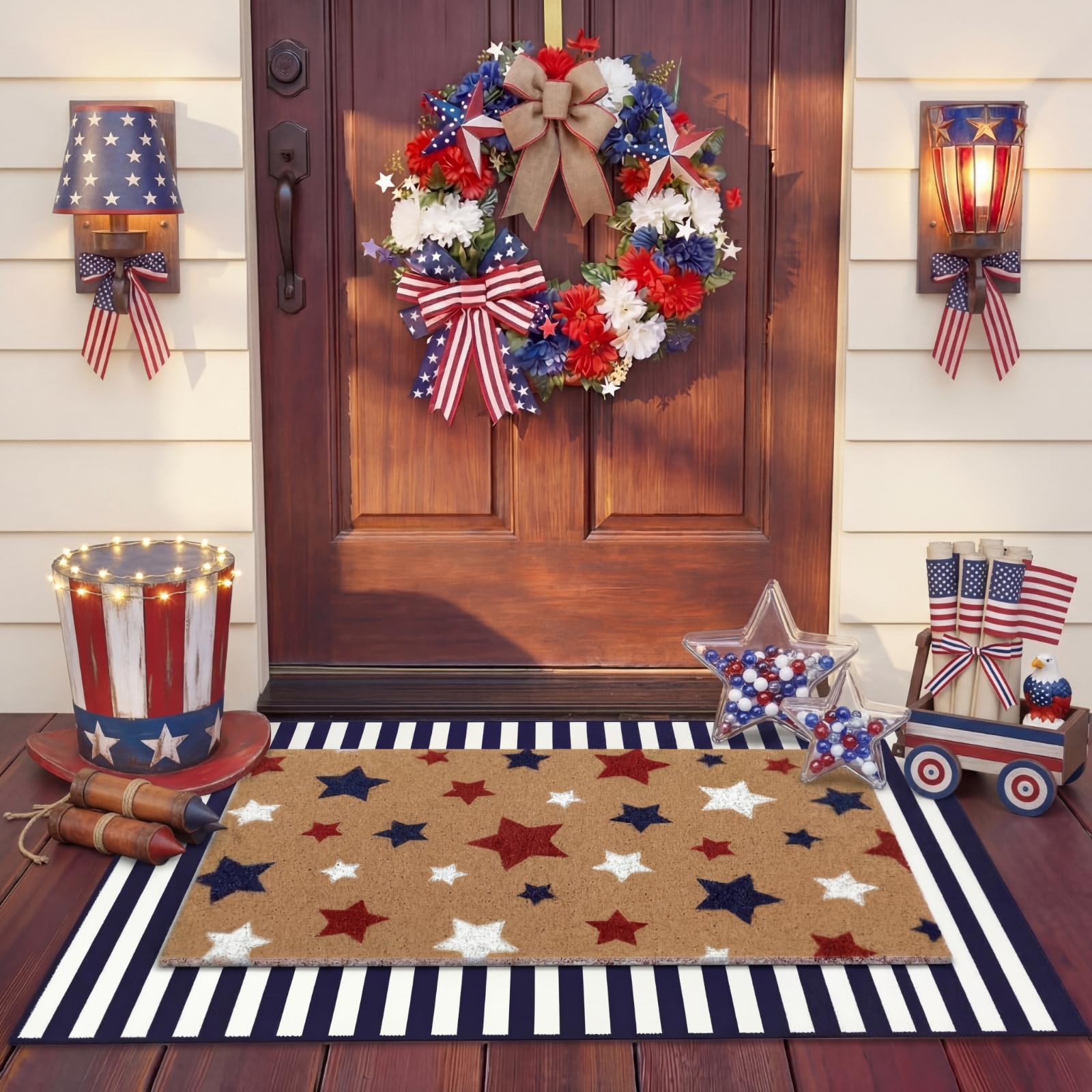 Duraaamo flag mat front view showing patriotic welcome and durable fibers