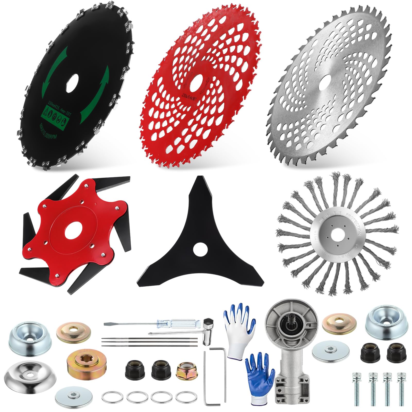 Duraaamo front kit layout showing all seven blades and adapters for versatile cutting