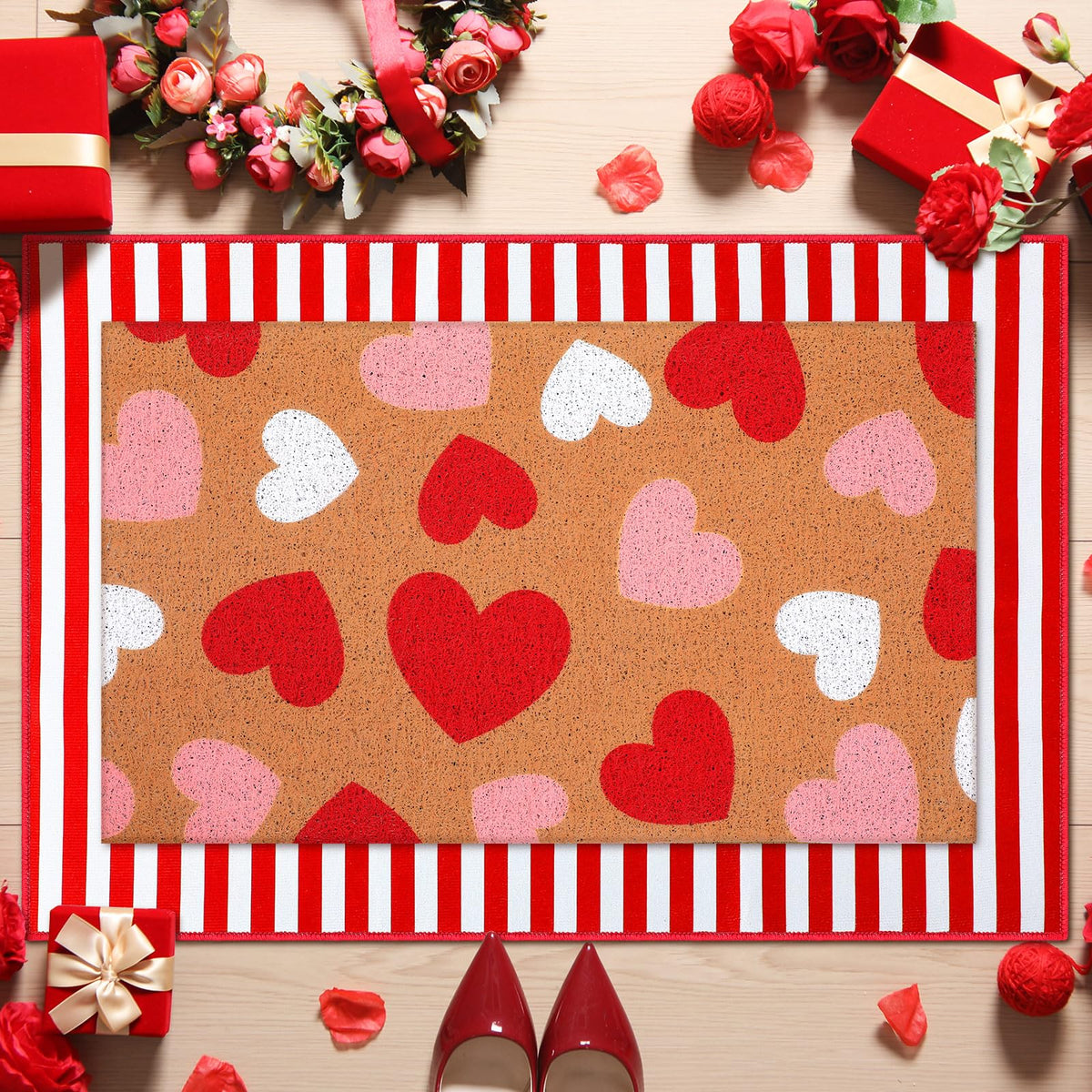 Duraaamo heart welcome mat front view showing warm greeting and seasonal appeal