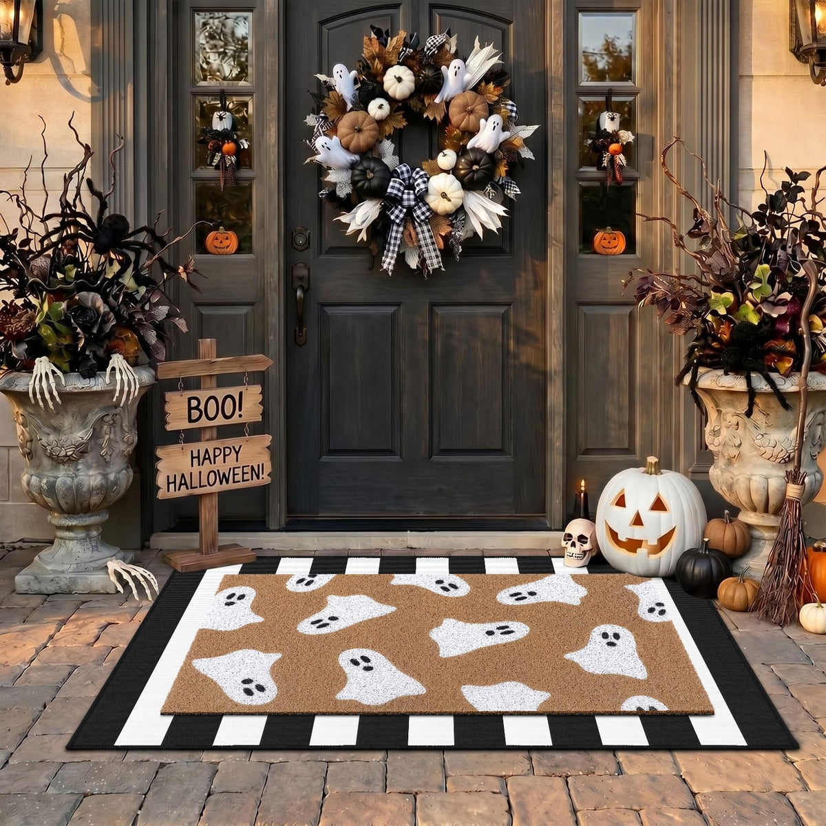 Duraaamo ghost front door mat on porch offering festive welcome