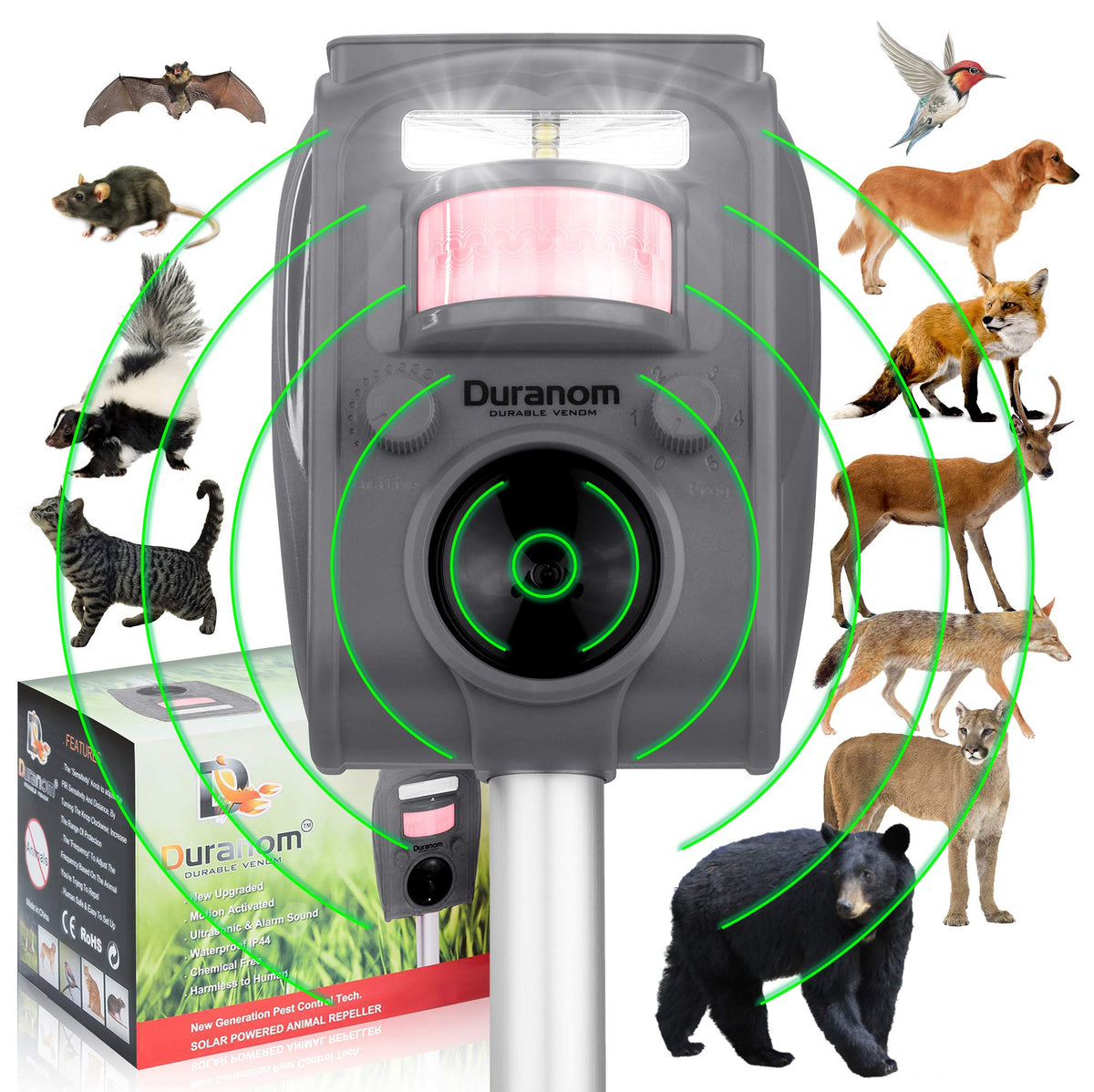 DURANOM front view showing whole repeller and benefits of visible deterrence
