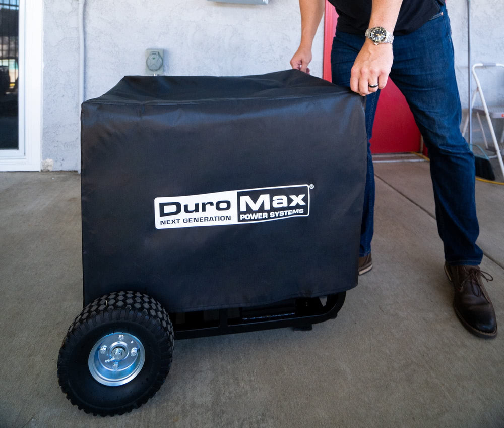 DuroMax cover next to toolbox showing scale and easy storage