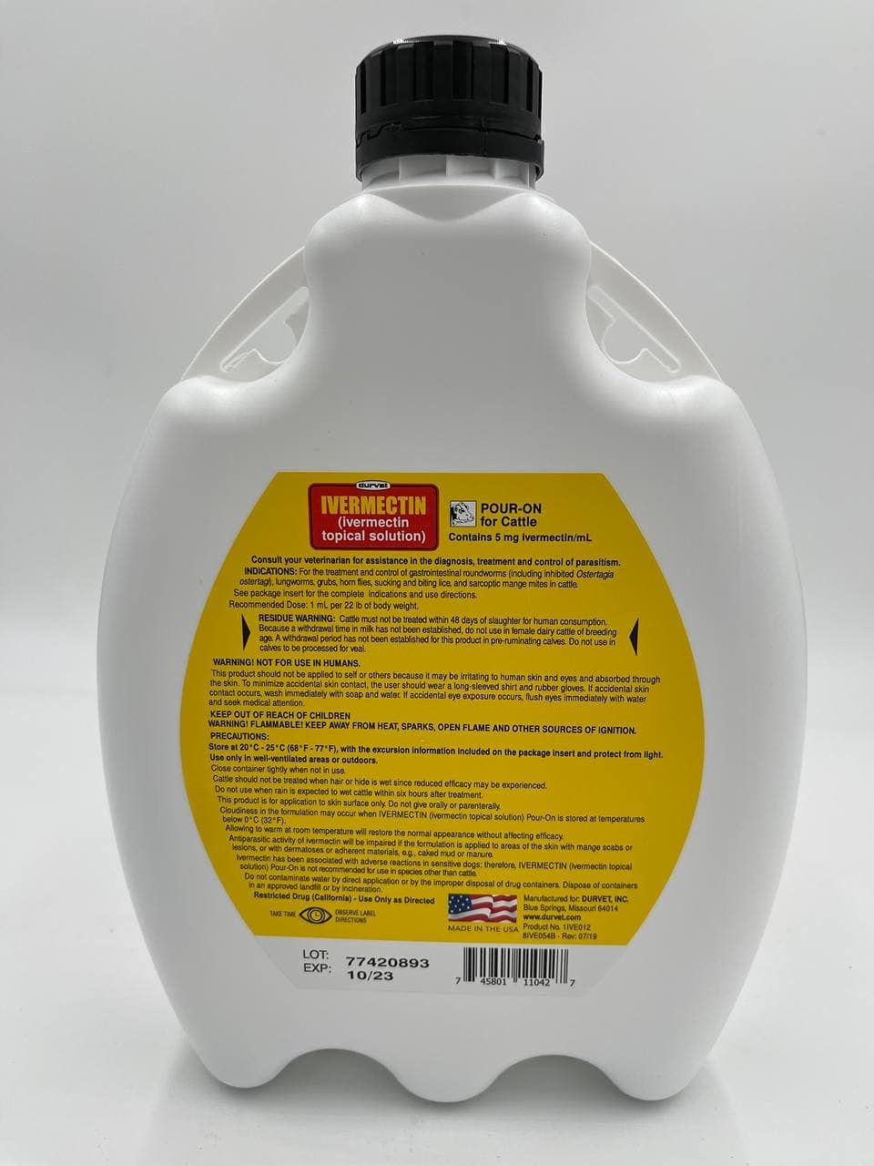 Durvet ivermectin bottle spout close-up enabling precise pour-on application