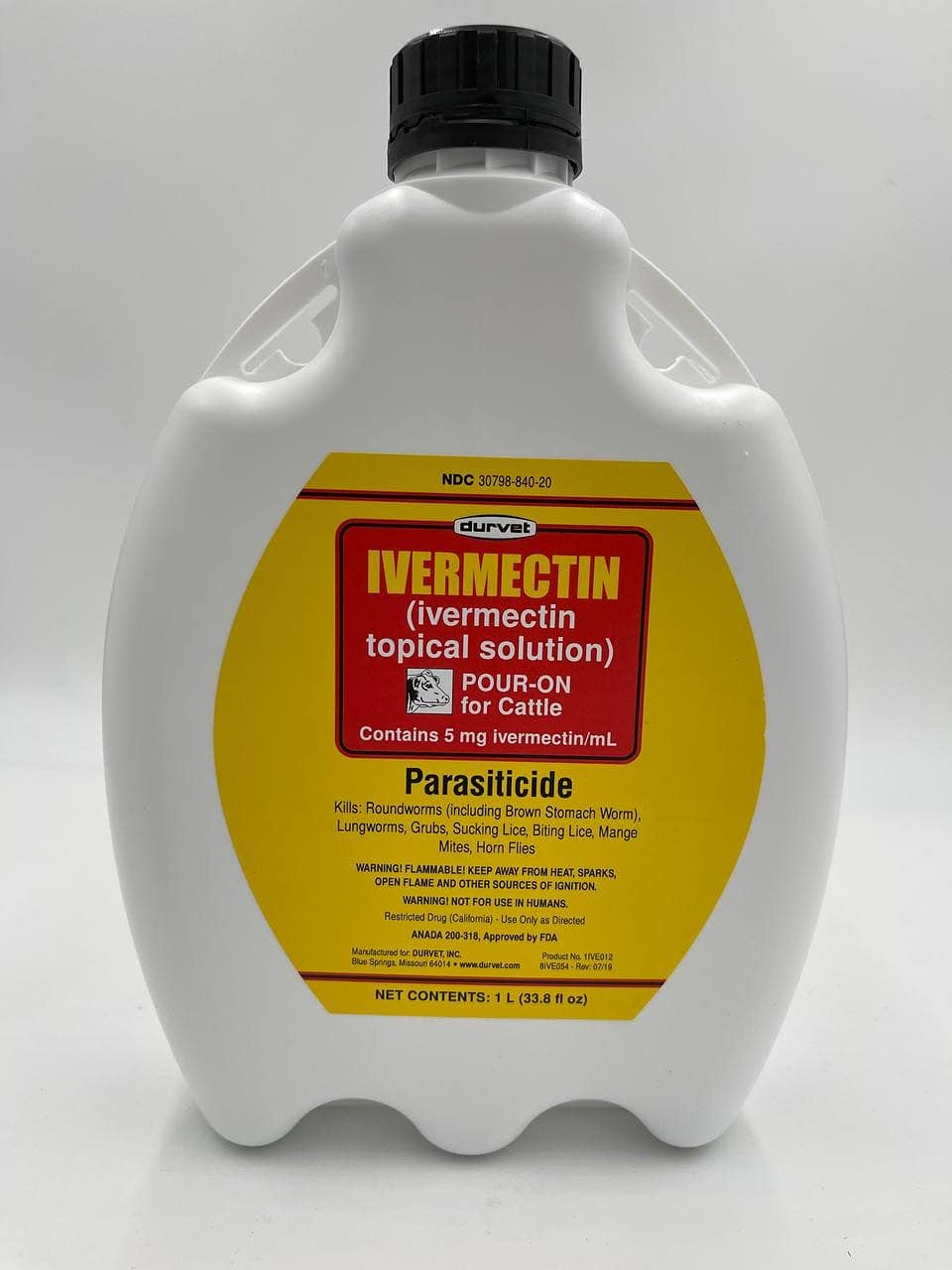 Durvet ivermectin pour on front label showing product and benefit of clear identification