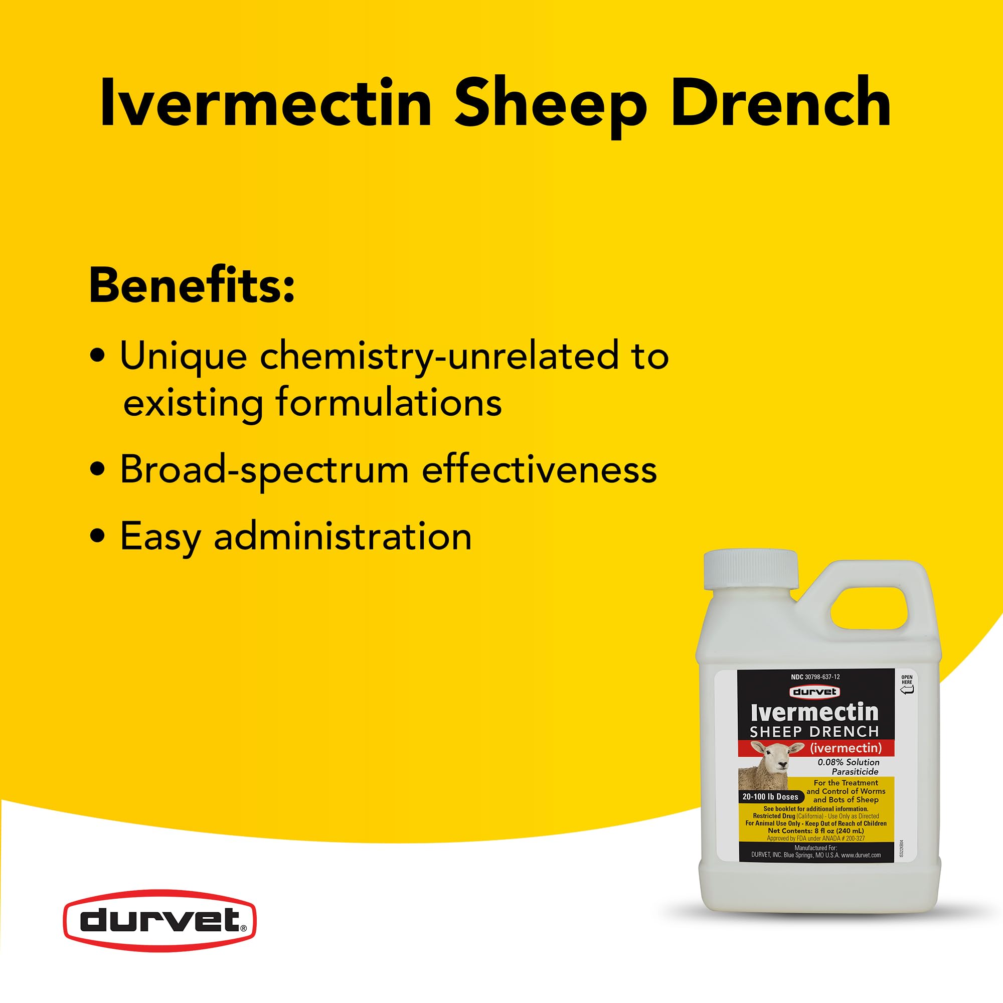 Durvet ivermectin bottle beside measuring cup showing 8 fl oz scale and convenient size