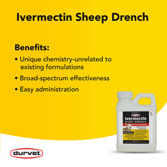 Durvet ivermectin bottle beside measuring cup showing 8 fl oz scale and convenient size