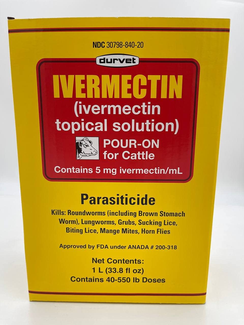 Durvet ivermectin next to measuring jar illustrating 1 L volume and dosage control