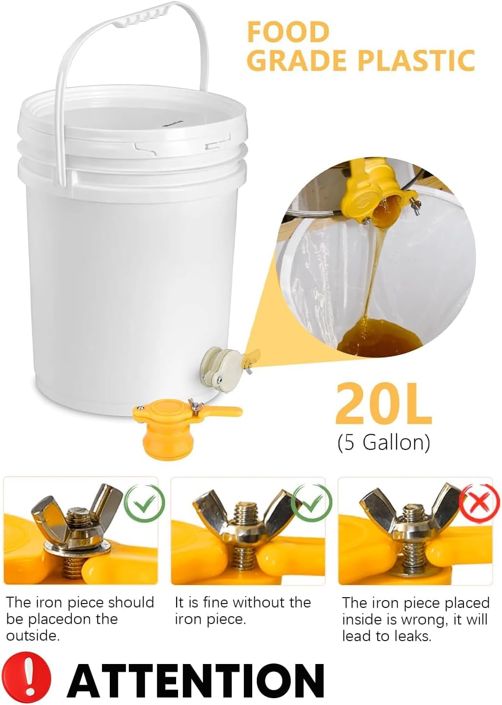 Duseu 5-gallon honey bucket with gate spout enabling clean, controlled pouring