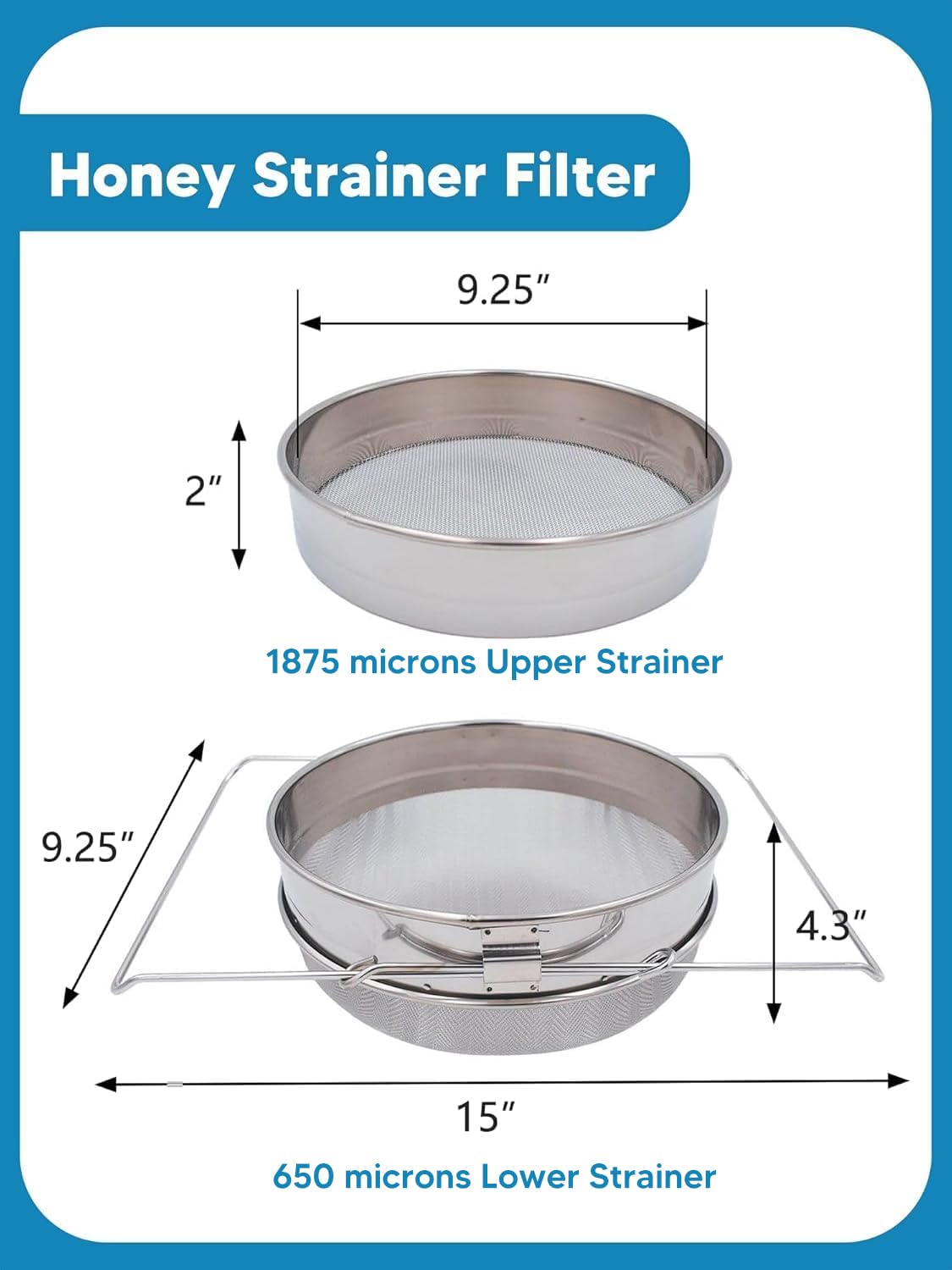 Duseu double-sieve stainless strainer close-up removing wax for clearer honey