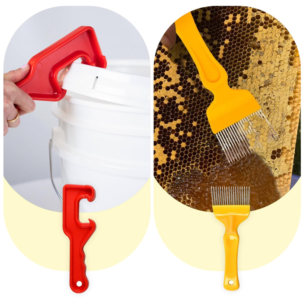 Duseu kit in use with beekeeper transferring honey from bucket to jars