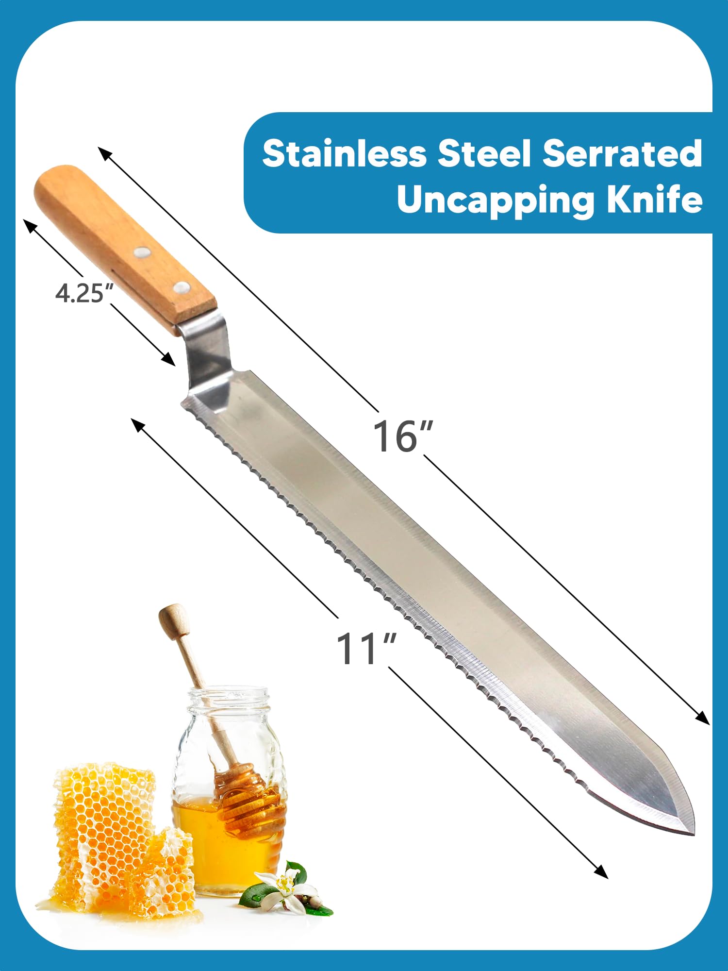Duseu long scraper holding a frame securely to speed uncapping process