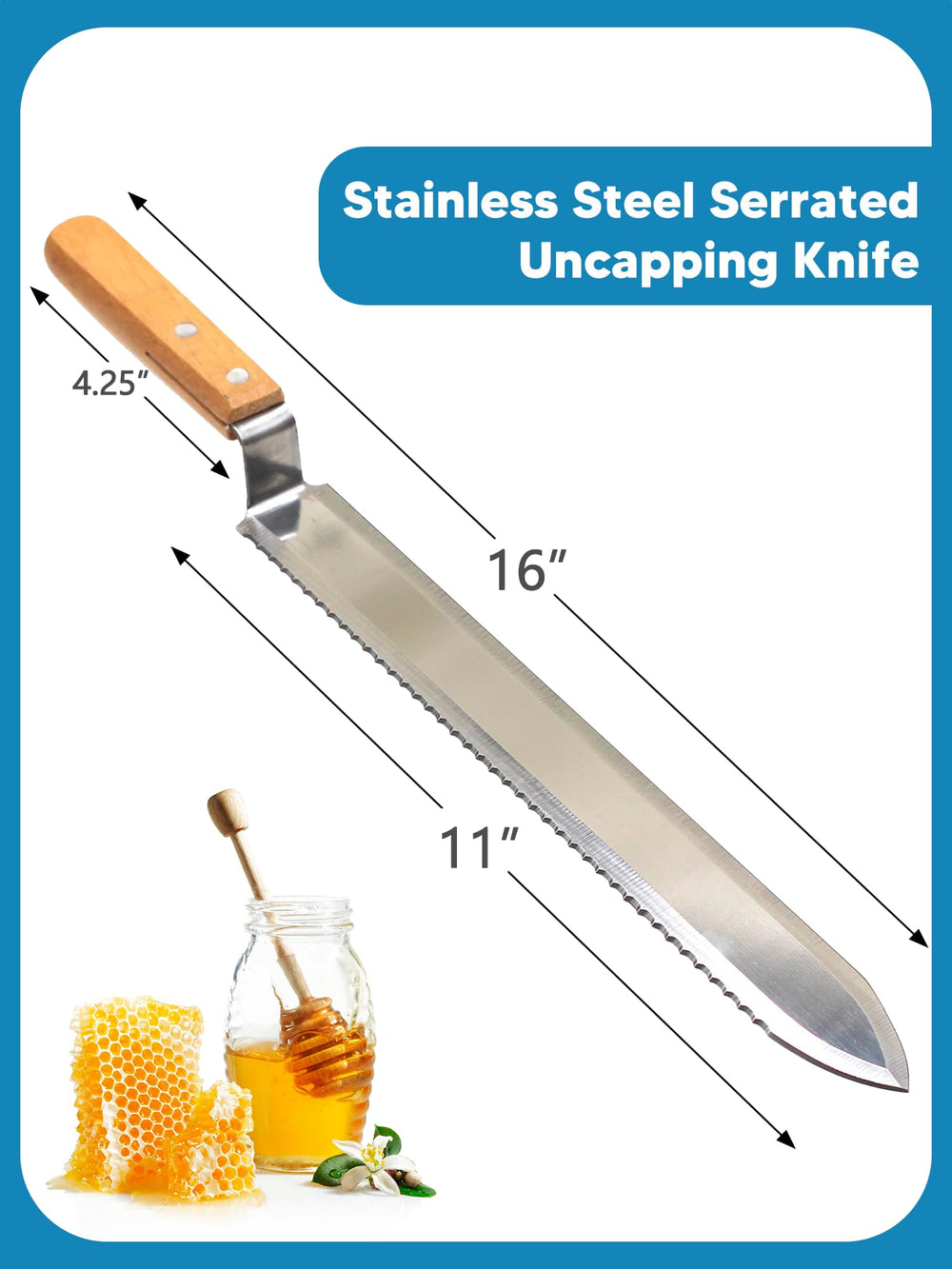 Duseu long scraper holding a frame securely to speed uncapping process
