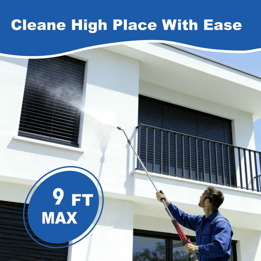DUSICHIN fully assembled wand extended to 97 inches showing safe long-reach cleaning