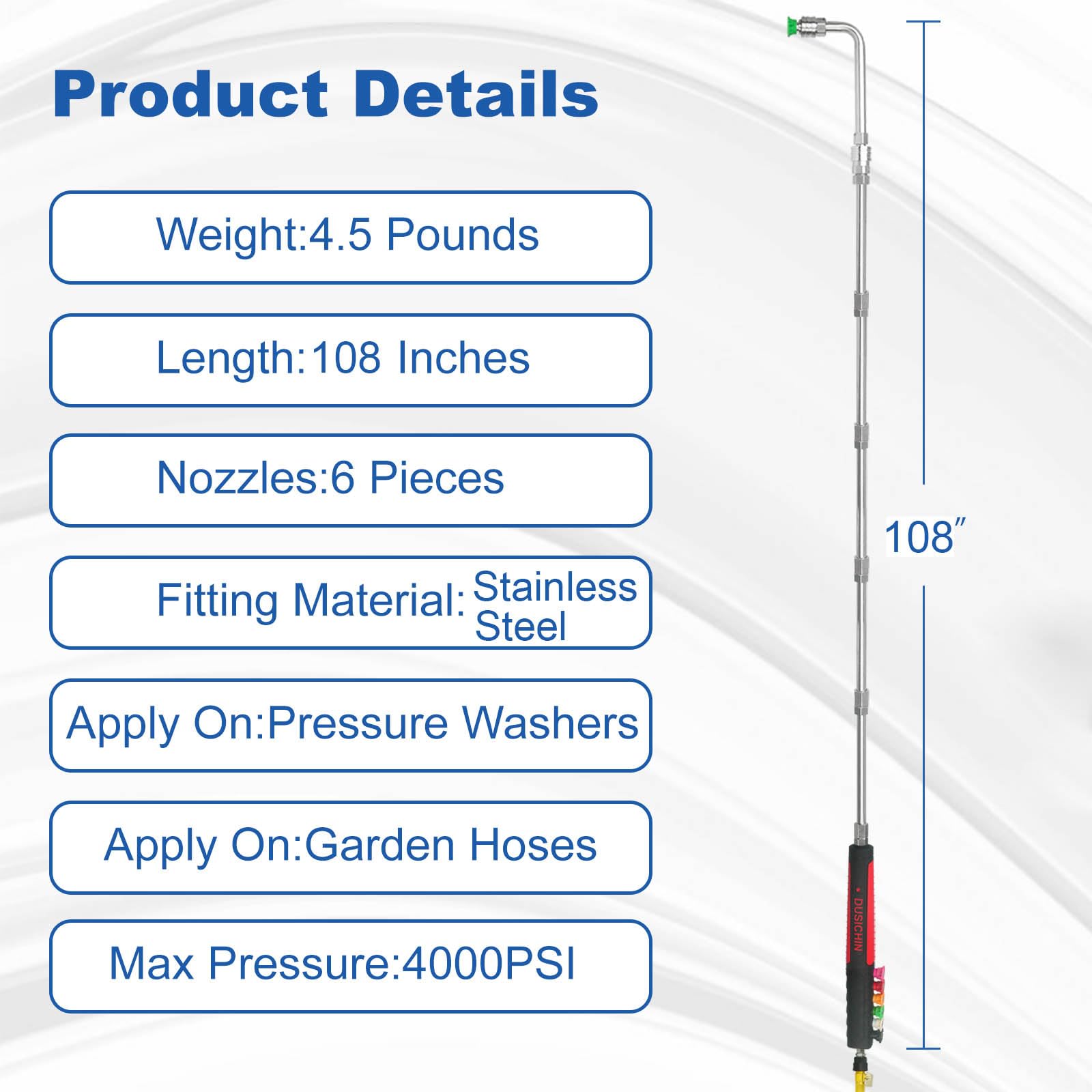 DUSICHIN curved rod angles (30° 90° 120°) illustrating access to under-eaves and gutters