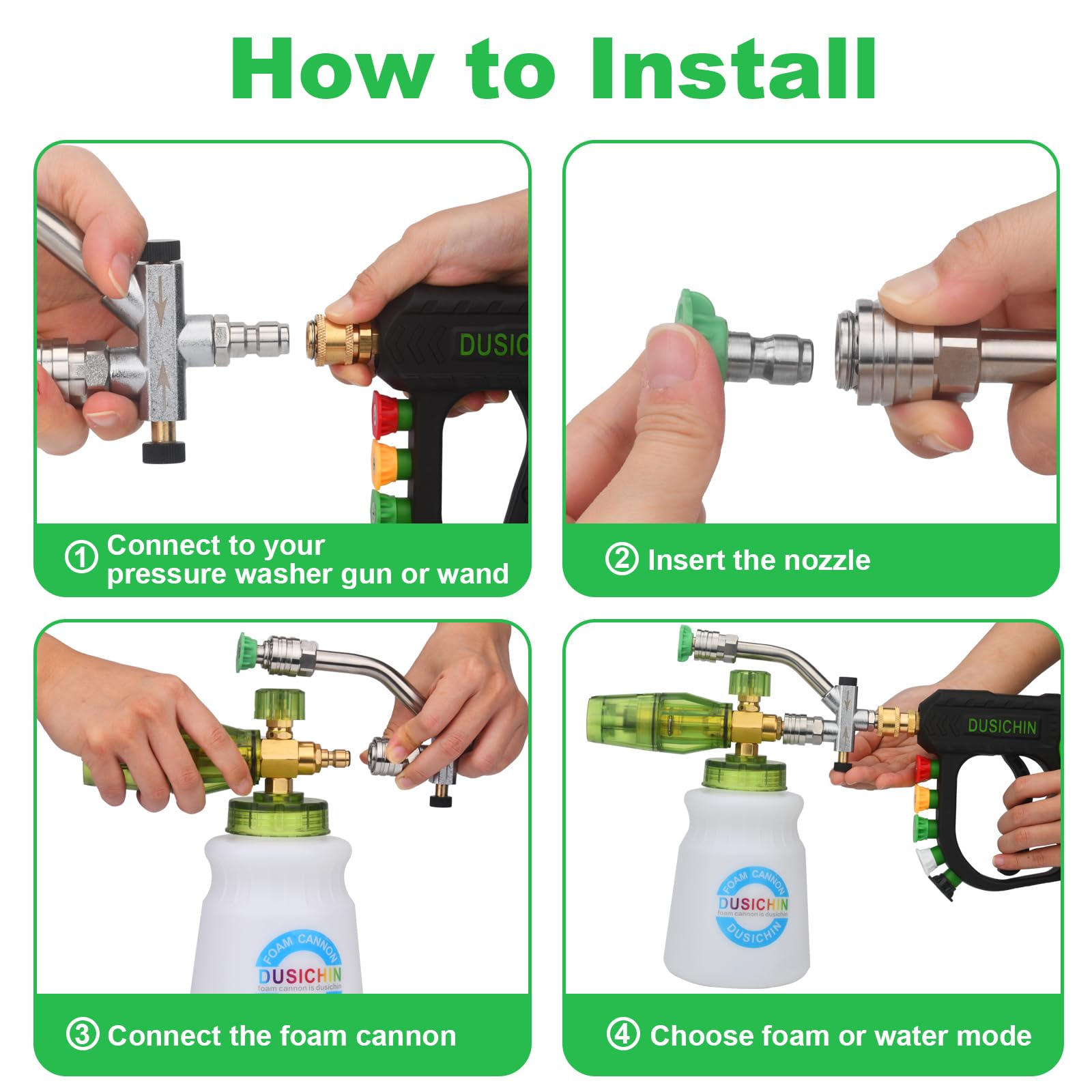 DUSICHIN dual-ended connector detail enabling fast switch between foam and rinse