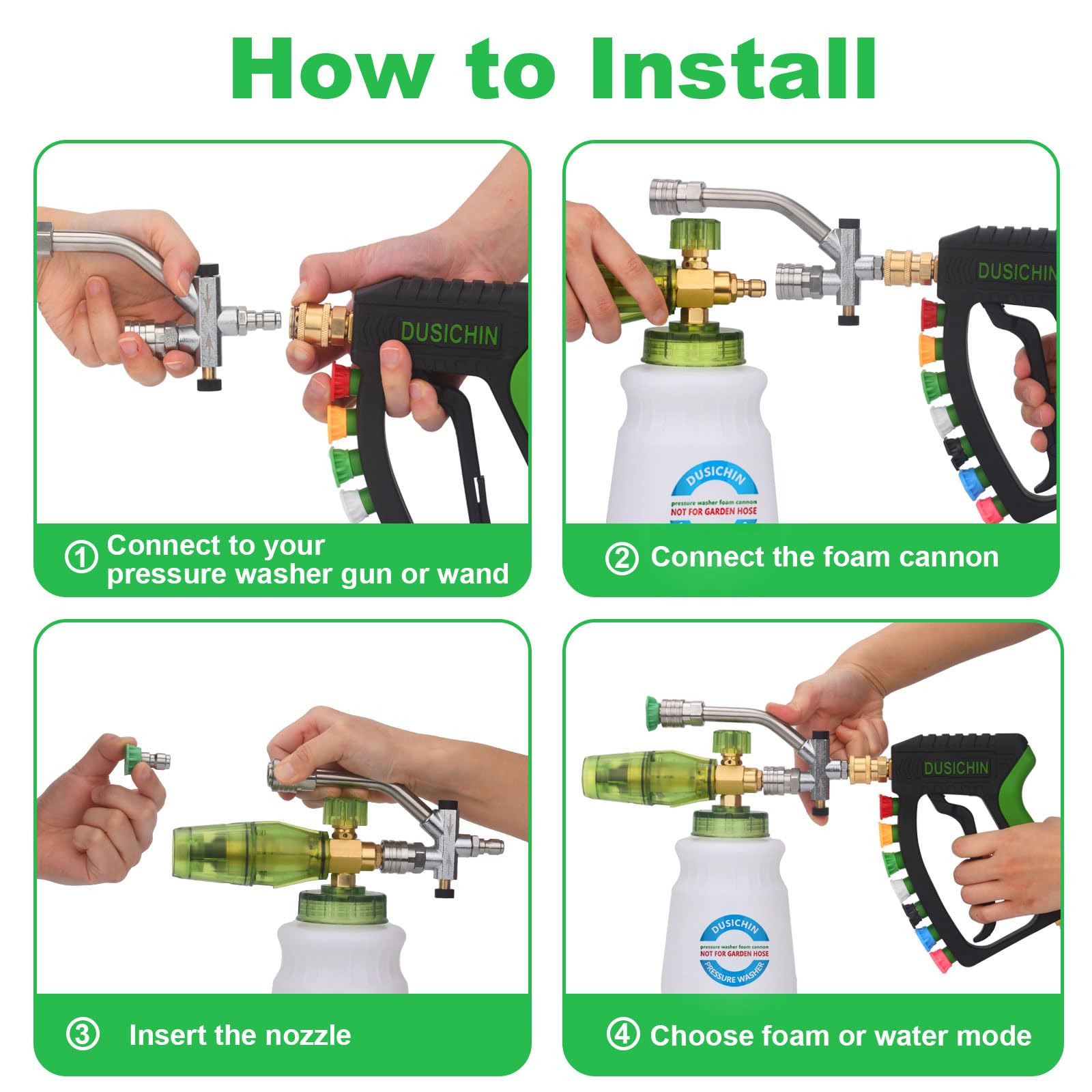 DUSICHIN dual-ended connector detail enabling quick switch between foam and rinse