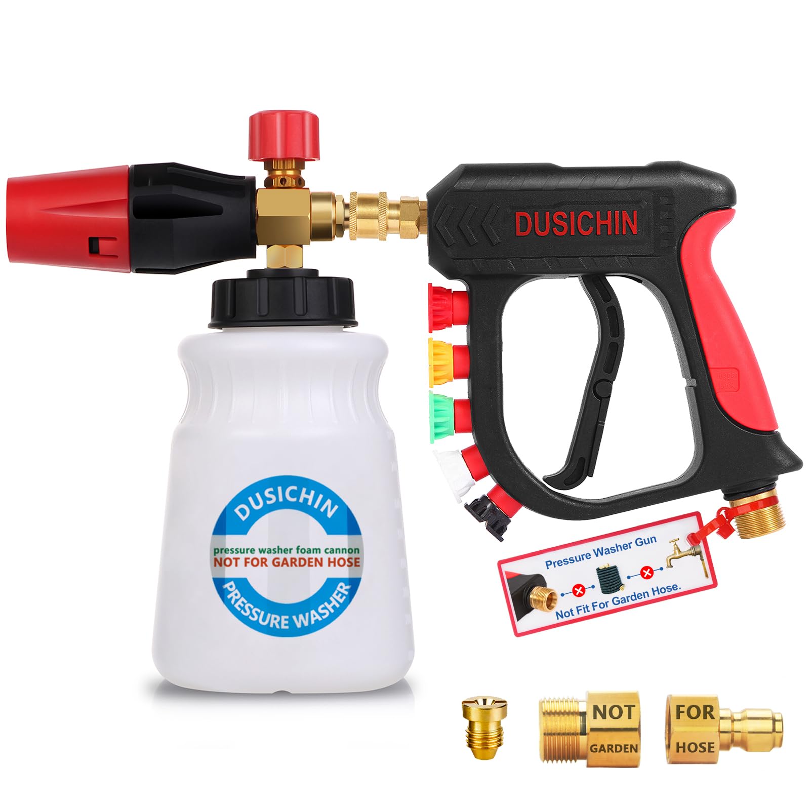 DUSICHIN foam cannon front view showing compact foam lance and bottle for fast coverage