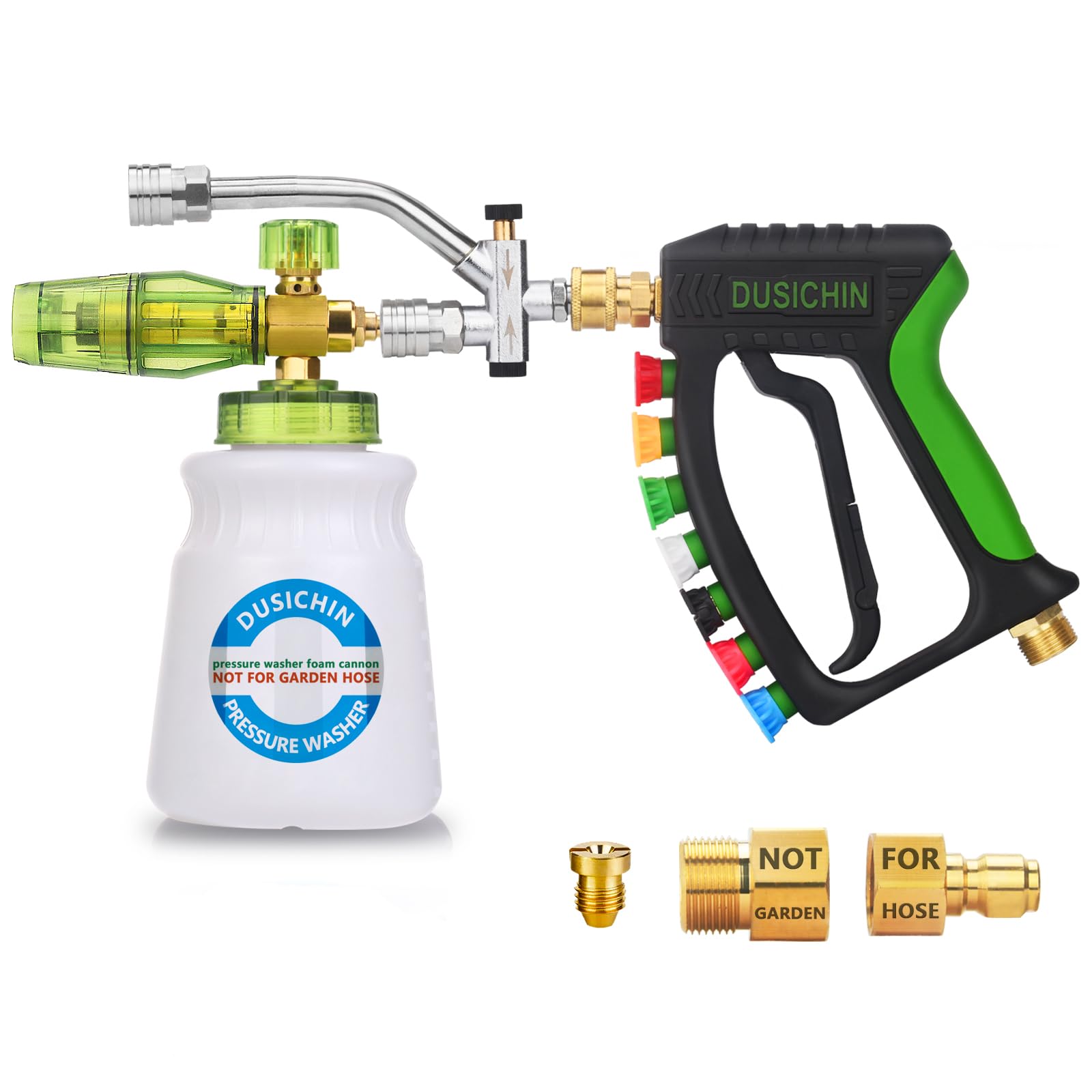 DUSICHIN foam cannon front view showing full kit and benefits of organized accessories