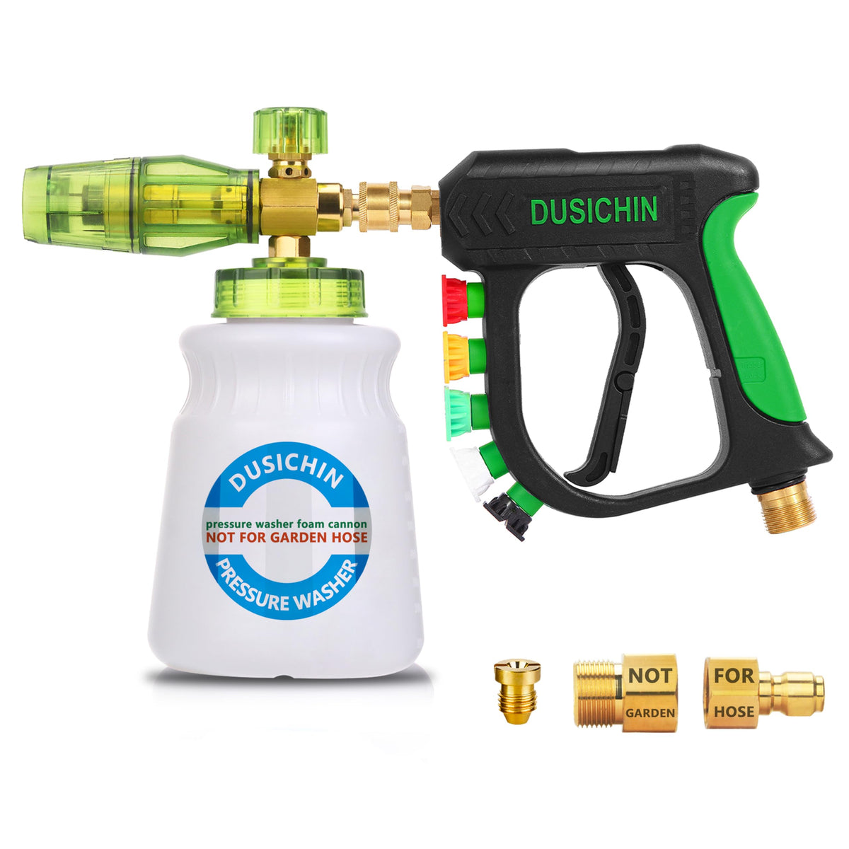 DUSICHIN foam cannon front view showing sturdy metal build and bottle — durable performance
