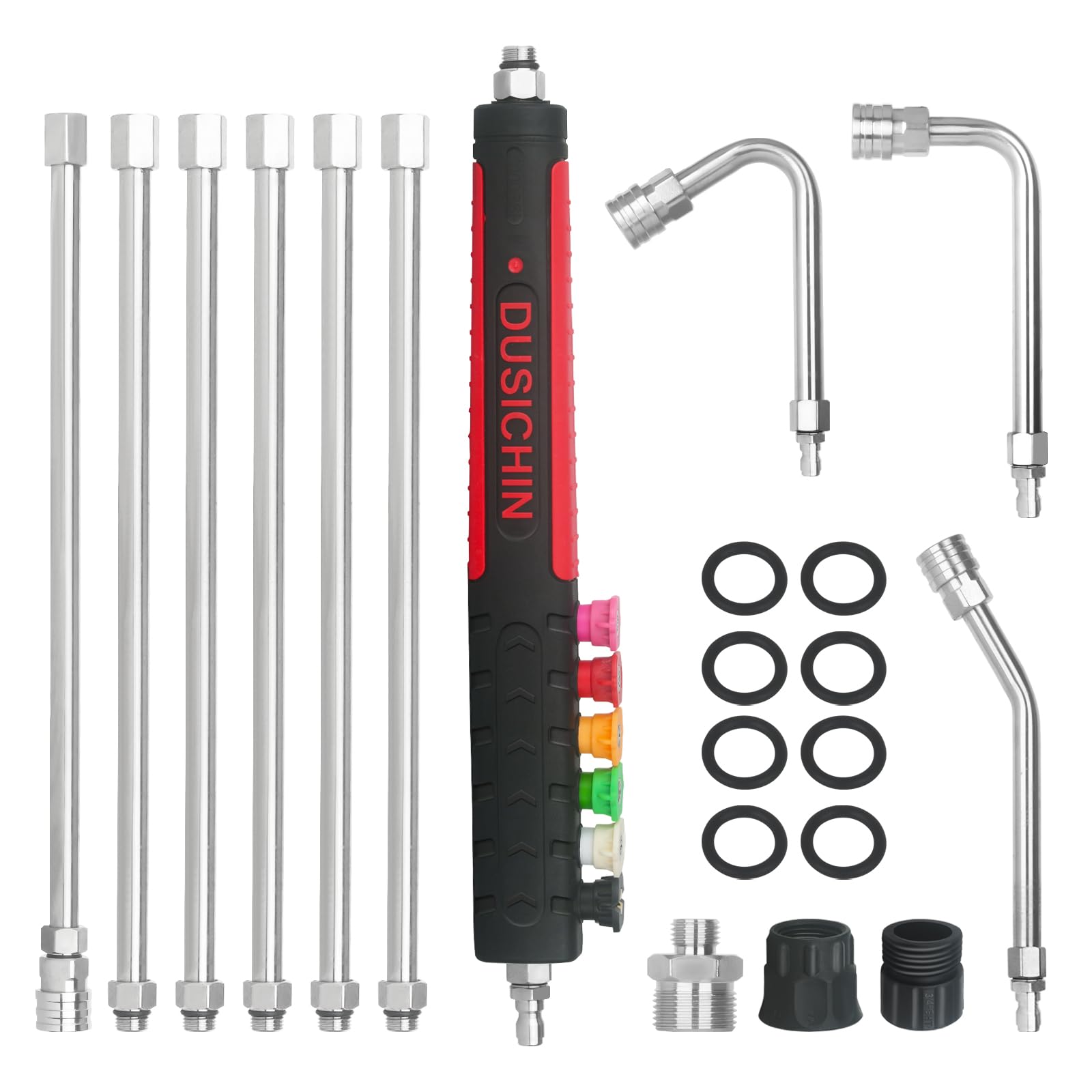 DUSICHIN front view of full extension wand kit showing components and box benefits reach