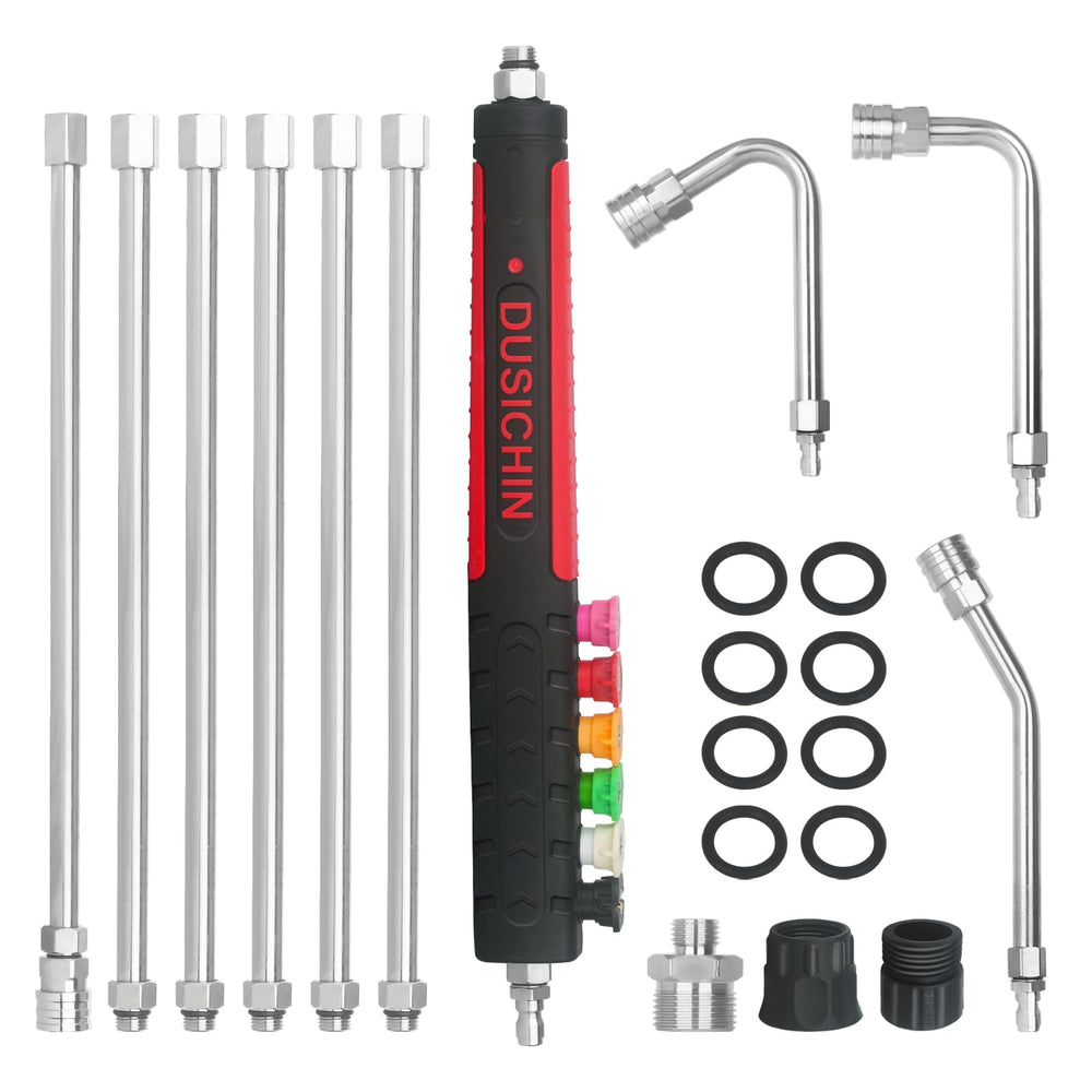 DUSICHIN front view of full extension wand kit showing components and box benefits reach