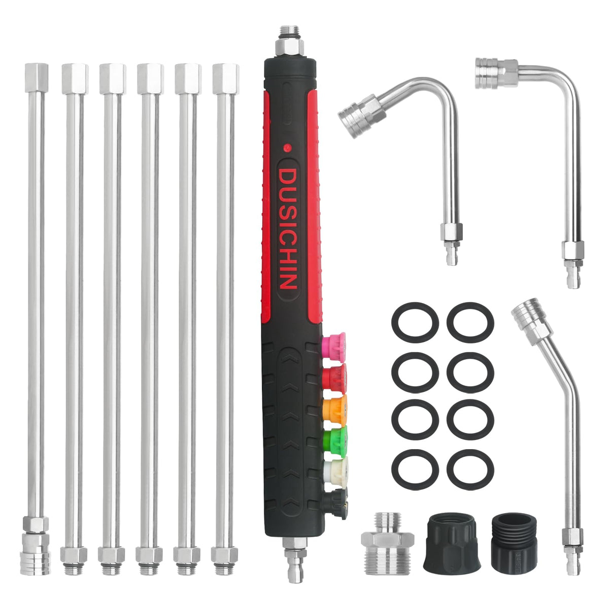 DUSICHIN front view of full extension wand kit showing components and box benefits reach