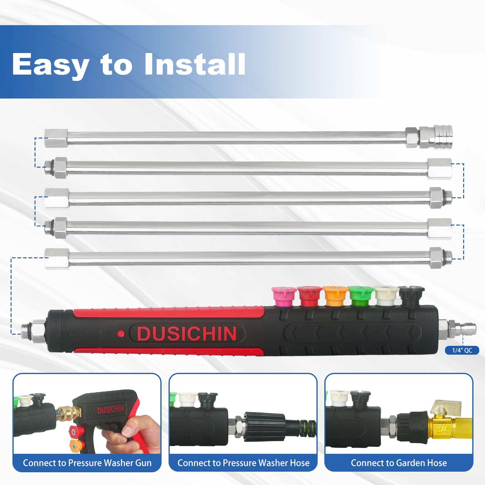 DUSICHIN garden hose adapter and M22 connector showing faucet compatibility benefit