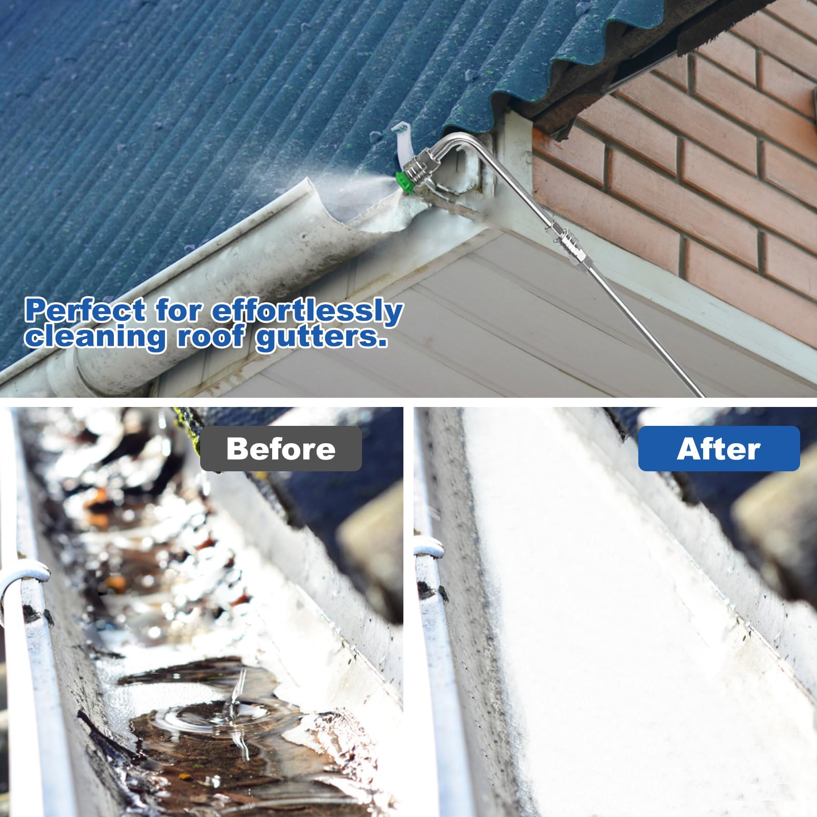 DUSICHIN wand in use cleaning a gutter from ground level showing safer operation